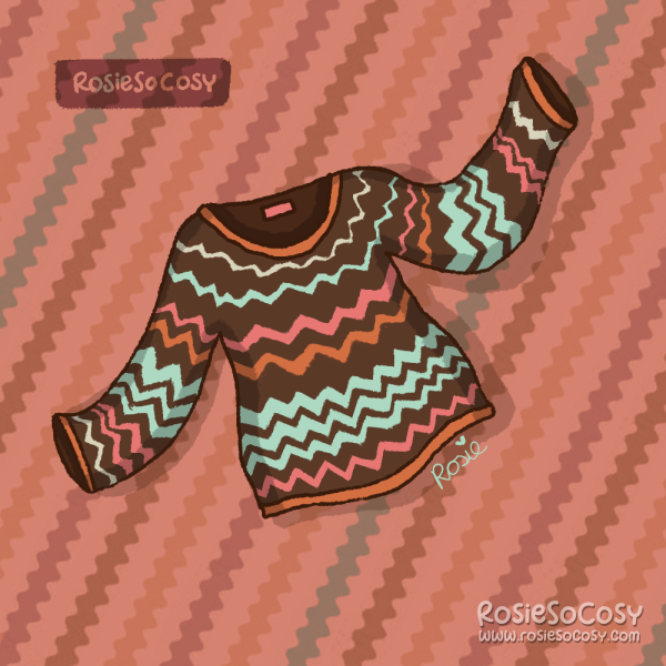 Illustration of a winter jumper with a zigzag pattern. The jumper itself is brown, and the zigzag stripes are seafoam, pink, orange and white