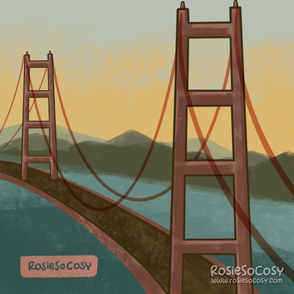 An illustration of the Golden Gate Bridge, a red bridge in San Francisco. In the background you can see faint green hills and a yellowish sky fading into grey blue. 