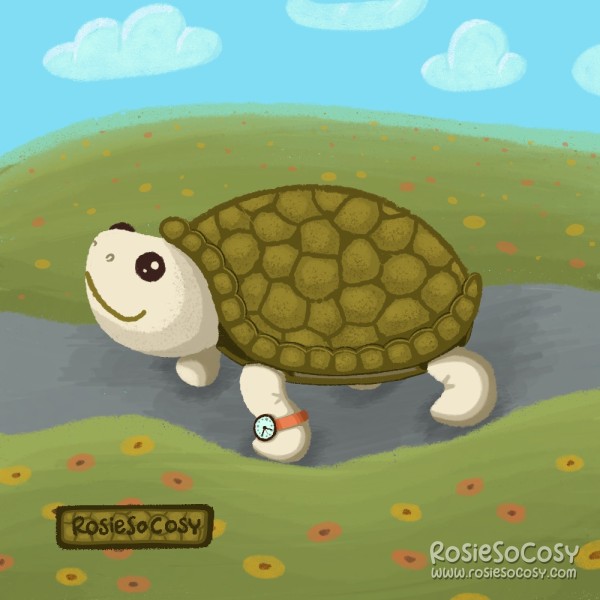 An illustration of a white and green turtle, walking on a path over the hills in the meadow, with red and yellow flowers. The turtle is wearing a red watch.