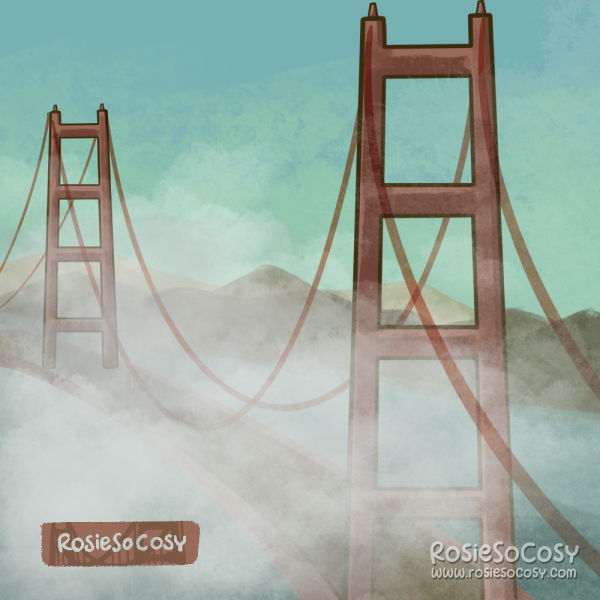 Illustration of the Golden Gate Bridge in San Francisco. The bridge is surrounded by Karl, aka the fog.