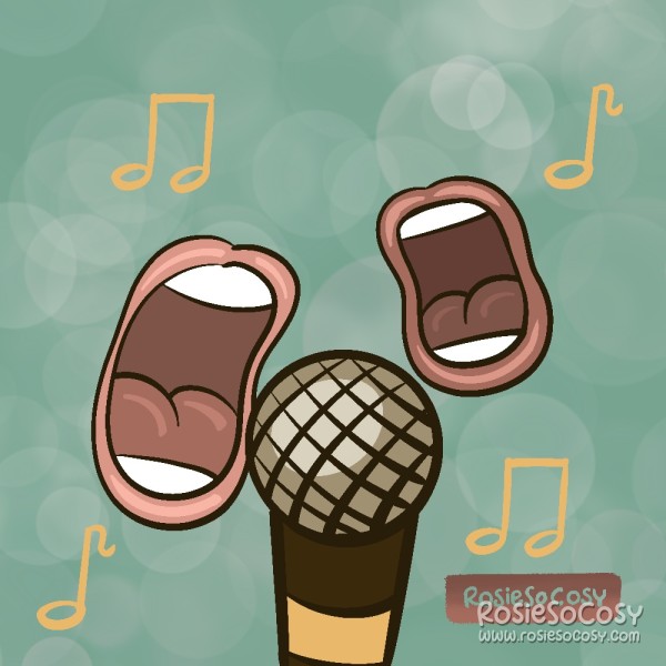 Two mouths (without faces) singing a duet into a microphone.