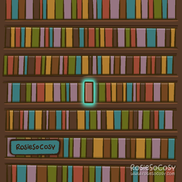 It’s a large bookcase stretching from left to right, top to bottom, filled with books in red, yellow, brown, blue and green. There’s one pink book in the middle, and it has an aqua glow surrounding it.