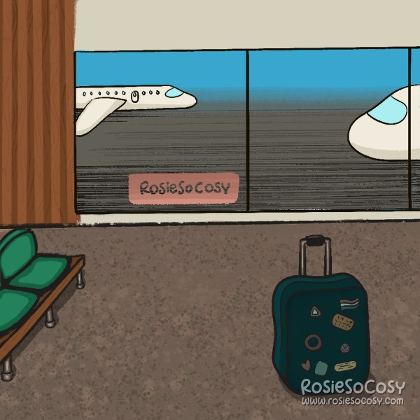 An illustration of an empty terminal. In the background you can see the big windows with airplanes outside. On the left is an empty bench with green upholstery. On the right is a lonely dark teal suitcase with various stickers.