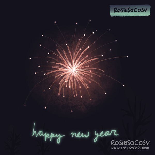 An illustration of fireworks. It’s a soft pink/red with a bright white core. Below it says Happy New Year in light blue.