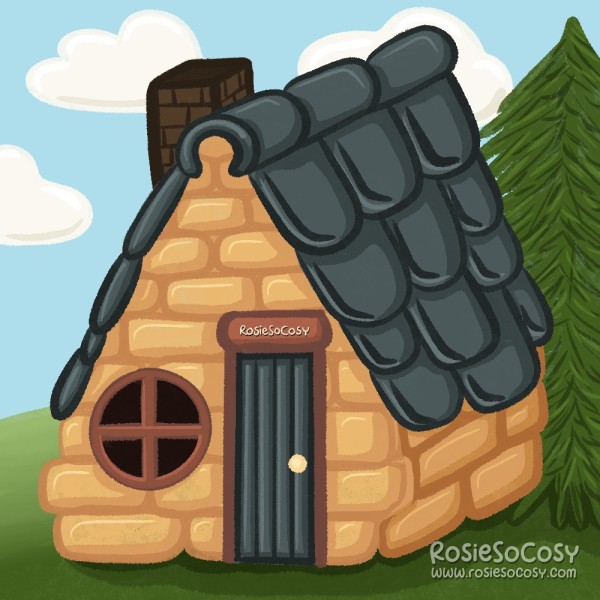 An illustration of a cute, wooden cabin. The siding is a light wood, and the roof has giant slate blue shingles. There’s a small blue door and a red round window. There’s grassy hills in the background and pine trees.