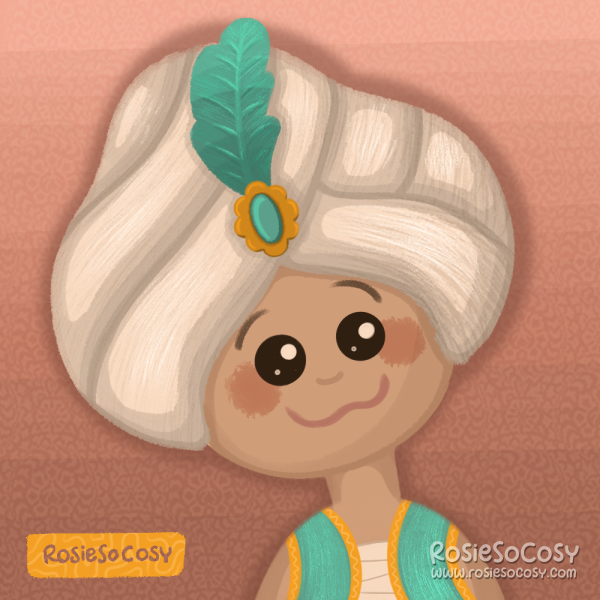 Cute illustration of a character wearing an aqua and gold vest and a big turban in cream, with an aqua and gold jewel, with feather.