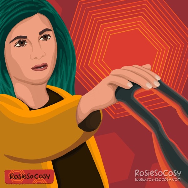 An illustration of the Doctor, as portayed by Jodie Whittaker, but in Rosie’s style, with teal hair, an ochre coat and brown shirt.
