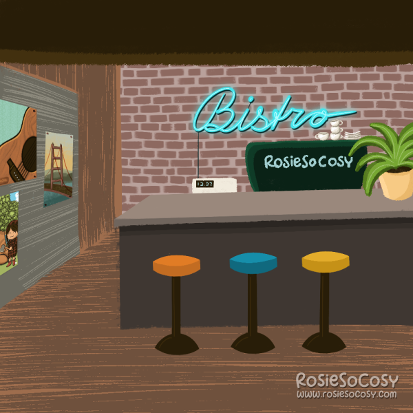 Illustration of a bistro with a coffee bar, with three bar stools in orange, blue and yellow. The backdrop is a red brick with a neon sign spelling “Bistro” on it. On the left are posters of a guitar, the golden gate bridge and a lumberjack girl. There’s a yellow potted plant on the bar on the far right. The coffee maker says “RosieSoCosy” and the cash register says “13:37”