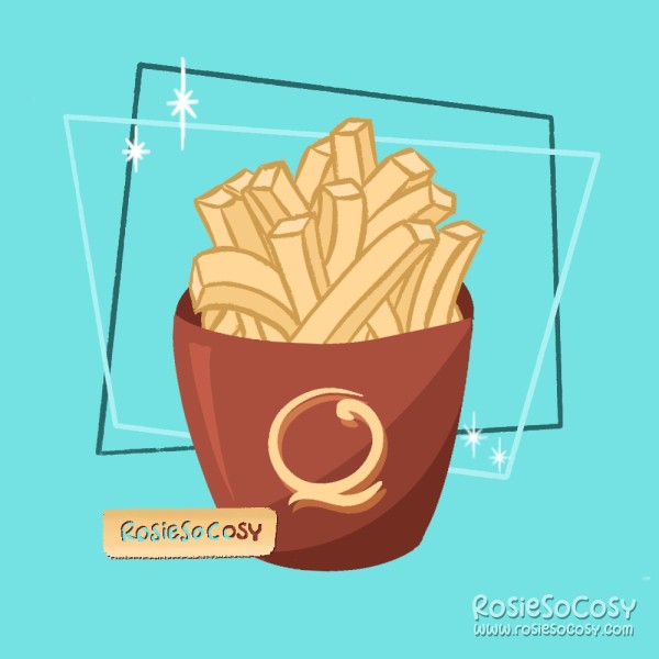 A red bag of French fries with a yellow Q on it. The background is turquoise and has retro/modern elements.