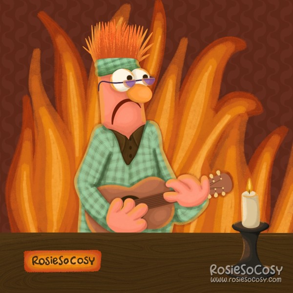An illustration of Beaker from The Muppets, holding a guitar and siging a ballad, amidst a room filled with flames.