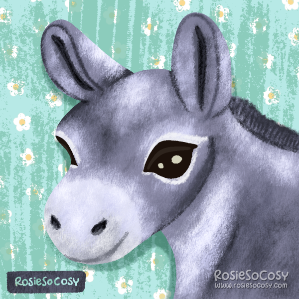 It’s an illustration of a cute, grey donkey.