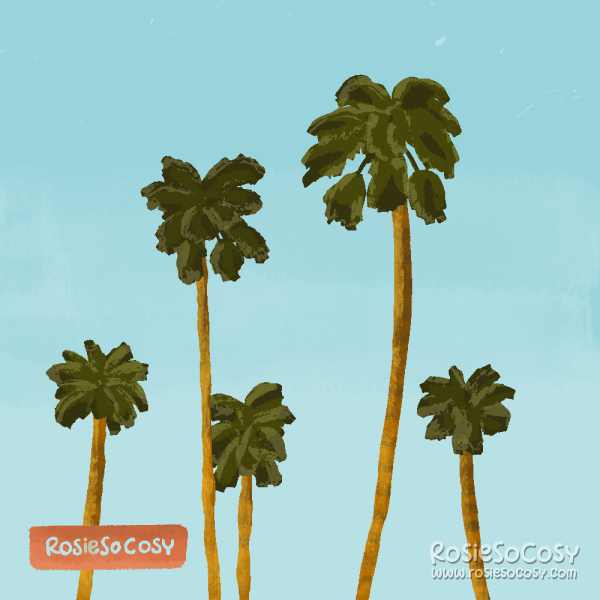An illustration of five palm trees in Palm Springs. They vary in height.