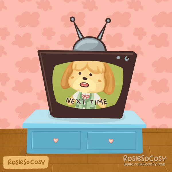Isabelle from Animal Crossing on a vintage, 50 style television. Pink wallpaper with clouds, wooden floor, blue tv cabinet.