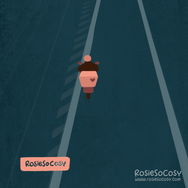 Illustration of a delivery person on a scooter, with a pink delivery box on it. The road is a very dark blue. The delivery person is wearing a brown jacket and a pink helmet.
