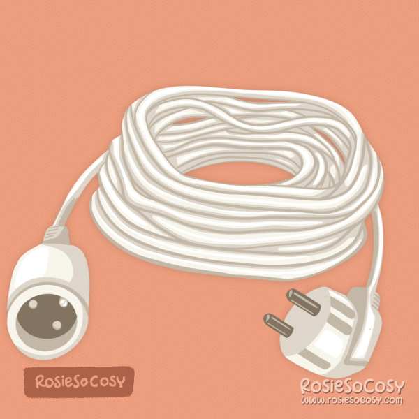 Illustration of a white extension cord on a pink/orange background.