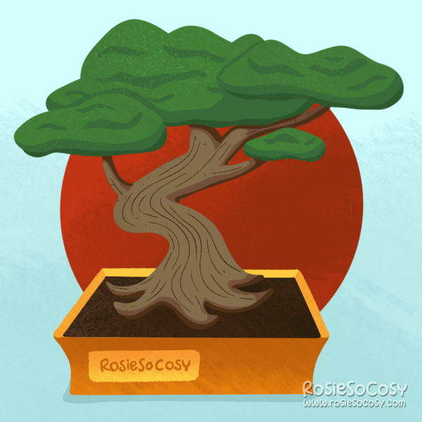 Illustration of a bonsai tree in a rectangular orange plant pot. The background is light blue with a big red circle in the middle.