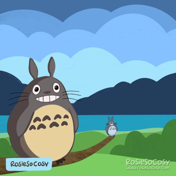 An illustration of Totoro, sitting on a big branch. In the background is a blue sky with simplistic blue clouds, a lake, dark blue mountains and green grass with shrubs.