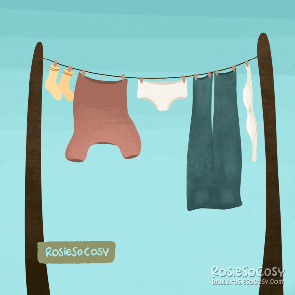 A clothing line with clothes hanging to dry. From left to right you can see a pair of yellow socks, a pink t-shirt upside down, white undies, a medium to dark blue pair of jeans and last but not least, a white bra. The background is light blue.