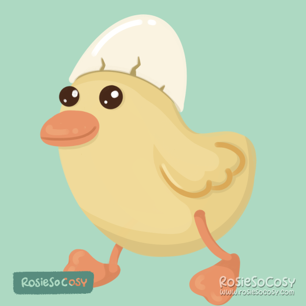 Illustration of a yellow duckling or chick, wearing a white eggshell on its head. The little duckling has a yellow beak and yellow legs and feet, and big dark brown beady eyes. The background is a seafoam colour, without any details.