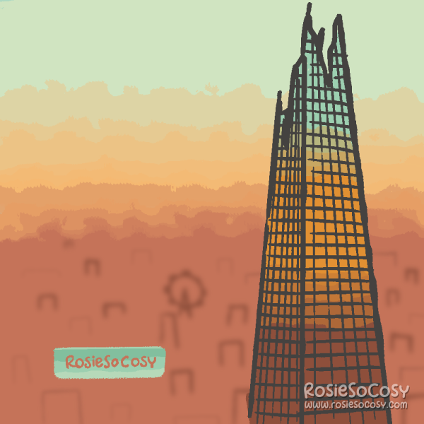 Illustration of The Shard in London. The sky looks like there's a sunset or a sunrise, with orange and lightblue/green hues. The background is very blurry and lacks detail, as the focus needs to be on The Shard.