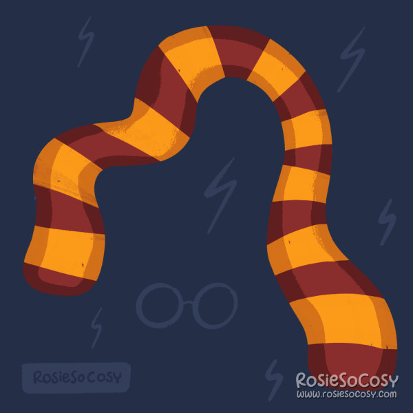 An illustration of a red and yellowish orange striped scarf. The background is dark blue and has lightning bolt and a pair of round glasses as a pattern.