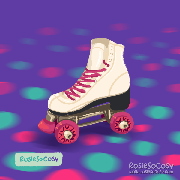 An illustration of a single white rollerskate with bright pink wheels and laces. The background is bright purple and has a bright pink and aqua light pattern all over.