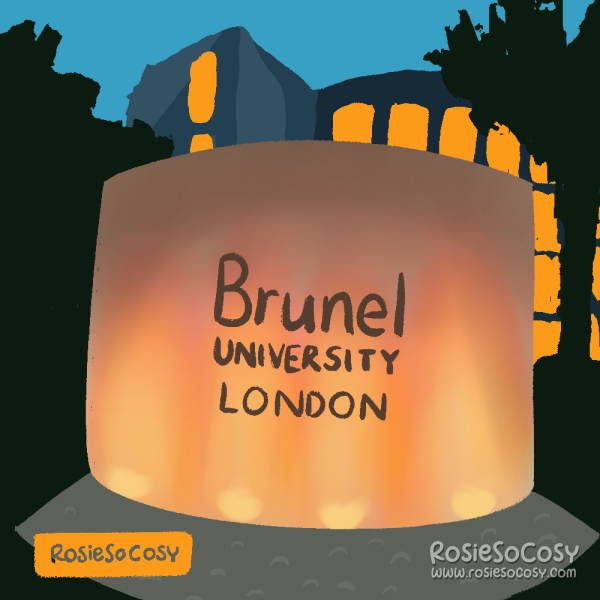 An illustration of the Brunel University sign with part of the building in the background.