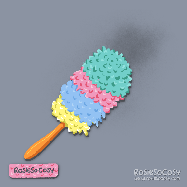 An illustration of a very colourful duster. The handle is orange. The fluffy part from top to bottom is aqua, pink, blue and yellow.