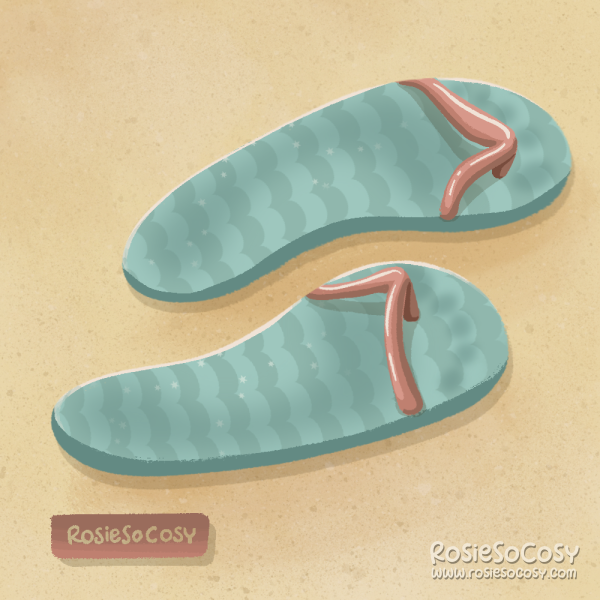 An illustration of 2 blue flip flops on the beach. The flip flops have a scallops pattern all over, have pink accents and some sparkly details. They have been worn quite a bit, as you can clearly see imprints of feet on them.