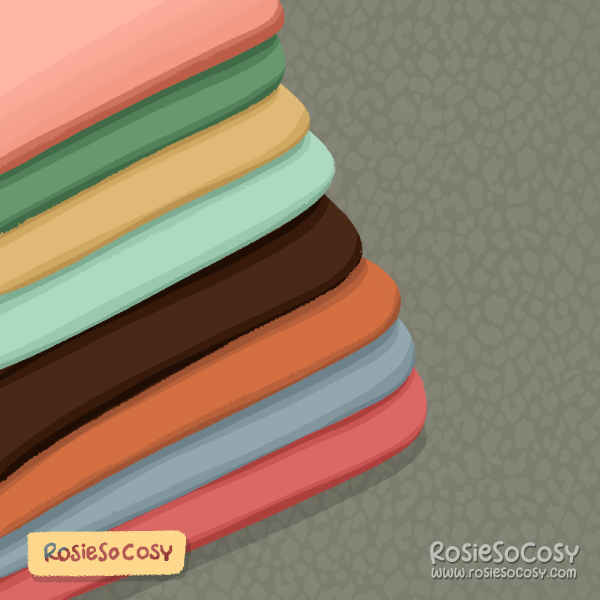 Illustration of a stack of neatly folded fabric. From top to bottom pink, green, yellow, dark brown, orange, bluish grey and dark pink.