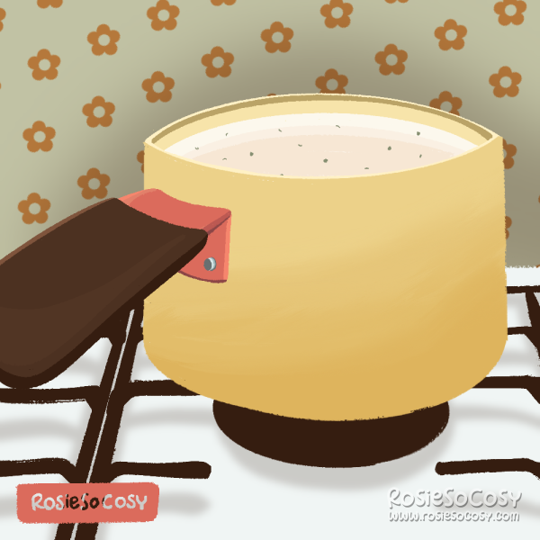 Illustration of a yellow saucepan with a dark brown handle. The saucepan is on a white stove. The backdrop shows a bluegreen floral wallpaper. Inside the saucepan is a thick white Bechamel like sauce, with tiny green specks of herbs in it.