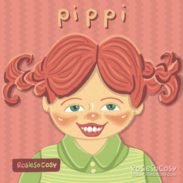 An illustration of Pippi Longstocking (Pippi Långstrump, Pippi Langstrumpf, Pippi Langkous, Fifi Brindacier). In the illustration she appears somewhat younger than she did on the 1969 television series. She has two red braids, blue/green eyes and rosy cheeks and nose. Her big grin shows her large teeth. She's wearing a spring green shirt with buttons. Over her shirt she wears a wider striped light green shirt. The background is a pinkish zig zag wallpaper. And above it says "Pippi" in yellow.