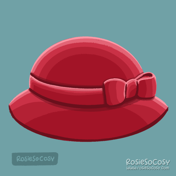 An illustration of a red bowler hat with bow from the game Animal Crossing: New Horizons