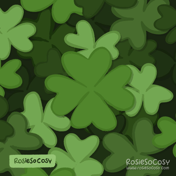An illustration of green clover leafs, one big four leaf clover in the middle.