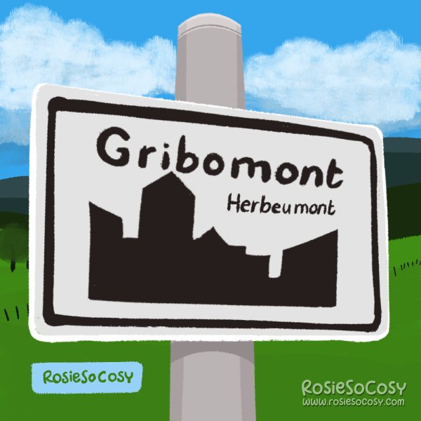 An illustration of a white and white village sign of Gribomont (Herbeumont), with green hills and mountains in the background, and a blue sky with white clouds.