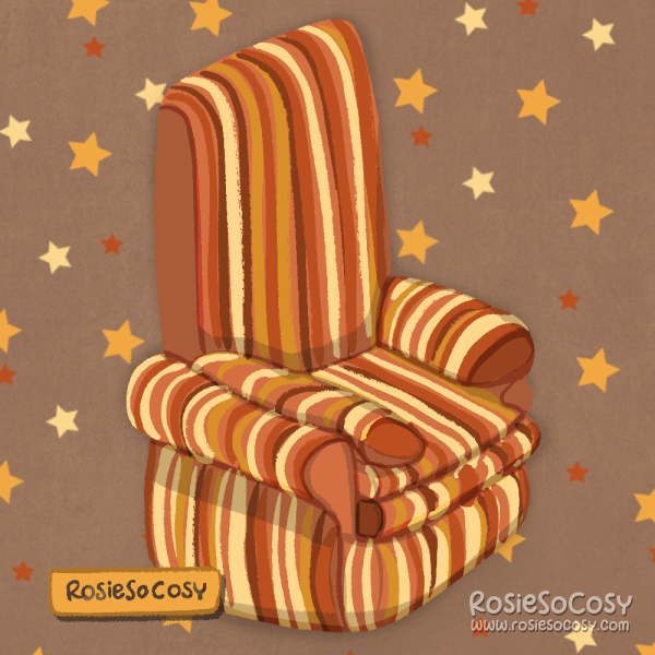 An illustration of an orange striped recliner inspired by the "Back Slack" recliner from The Sims 1 base game.