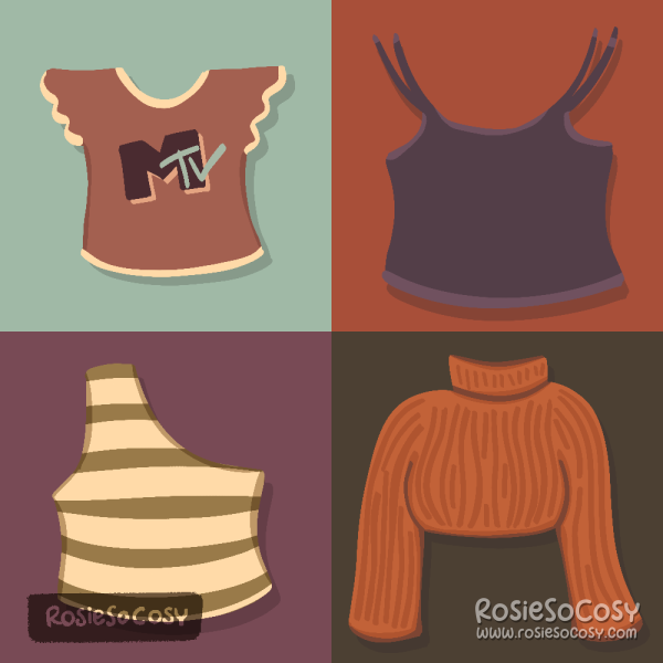An illustration of four different clothing tops, inspired by the 90s. Top left has a brownish red top with MTV logo, top right has a purple spaghetti top, bottom left is an assymetrical cream and green striped top, bottom right is a wooly orange crop top with long sleeves.