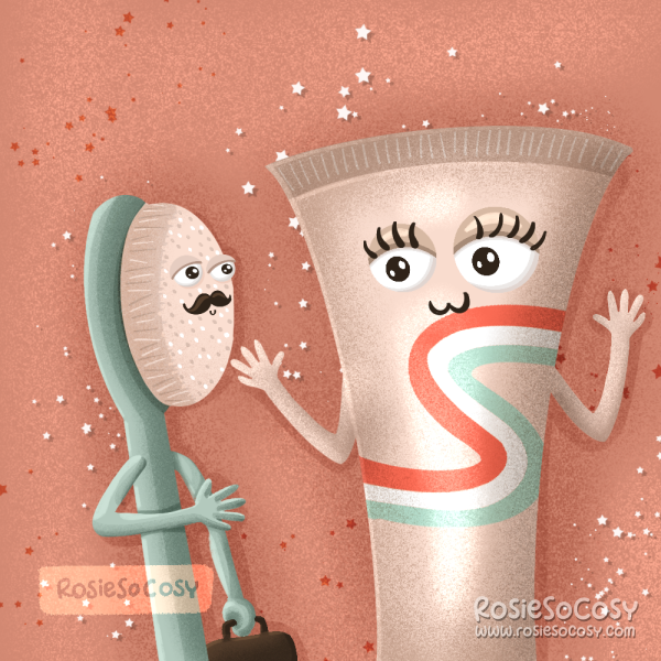 Illustration of a toothbrush and toothpaste, standing next to each other. They both have eyes and mouths, and they're looking at each other. Mr. Toothbrush is seafoam and is holding a dark brown suitcase. Mrs. Toothbrush is cream coloured and has fluoride stripes print on her body. They are both excited for the sleepover.