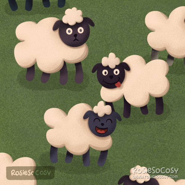 An illustration of sheep. They're black sheep with white wool. Some have silly faces, others happy and some are just surprised. The sheep are standing in a herd in a field of green grass.