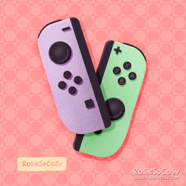 An illustration of two Nintendo Joy-Con controllers. They are new, 2023 release, lilac purple and green.