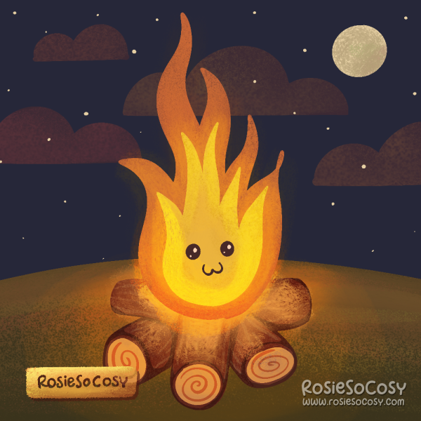 Illustration of a cute bonfire or campfire at night. The bonfire has a cute face with glossy eyes. The flames have a yellow/orange glow reflecting om the logs and the grass below it. The moon and stars are clearly visible in the night sky.