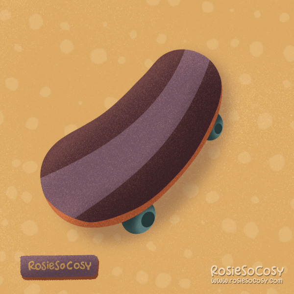 Illustration of a skateboard with a wide stripe on the board, and blue wheels underneath.