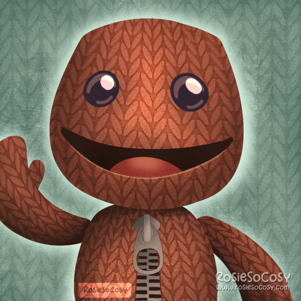 Illustration of Sackboy, a knitted plush character from the Little Big Planet video game series, as well as the Sackboy: A Big Adventure video game.