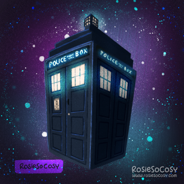 An illustration of a blue police box, these days better known as the TARDIS (Time and Relative Dimension in Space) from Doctor Who.