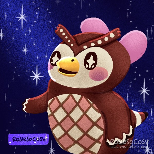 An illustration of Celeste, the red, pink and white owl, little sister of Blathers. Celeste is looking up at the sky and when you talk to her she’ll say Hootie Toot, before handing you a new celestial DIY or a star fragment.
