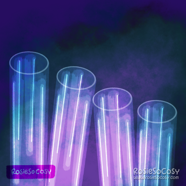 An illustration of four test tubes/vials next to each other. They're transparent, but there's a teal and purple smoky chemical reaction happening in/behind them. The background is a really dark blue with more smoky effects.