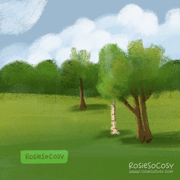 An illustration of a green field with trees scattered around, as well as a forest in the background. The sky is a muted blue and there are puffy clouds in the sky.