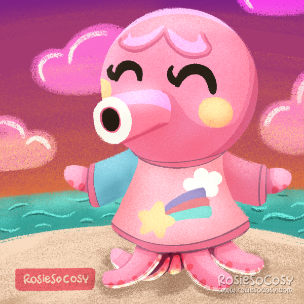 An illustration of Marina, a villager from Animal Crossing: New Horizons. She is a pink octopus with yellow cheeks and black eyes. She is wearing a pink dreamy sweater. Marina is at the beach, with the turquoise sea behind her. The sky is a whimsical purple and pink, fading to orange. Translucent clouds are scattered across the sky. 