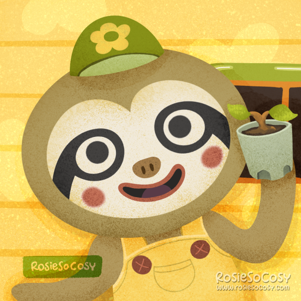An illustration of Leif, a sloth character from the Animal Crossing game. In this case it's from Animal Crossing: New Horizons. Leif is holding a little plant and is standing in front of his yellow caravan. Leif has a green cap and yellow overalls.