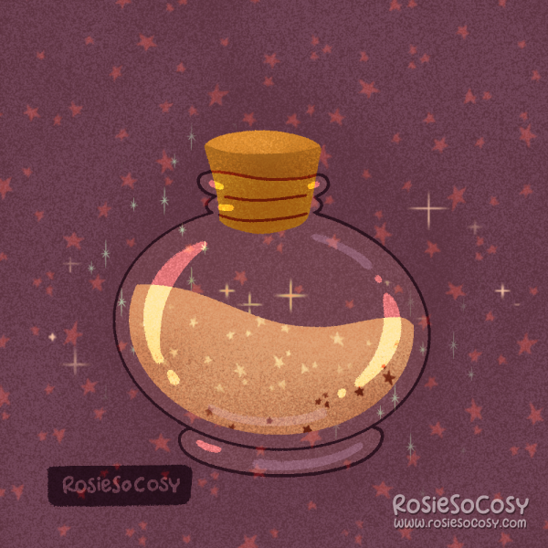 Illustration of a transparent glass round bottle with fairy dust in it. It sparkles.